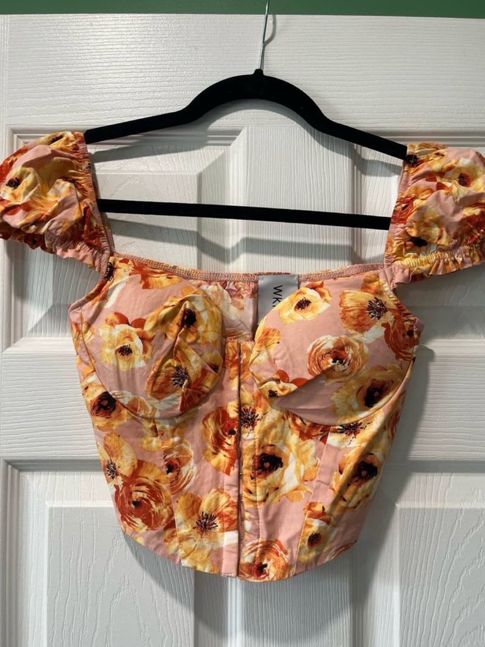 Floral Puff-Sleeve Bustier Crop Top - Pink & Yellow